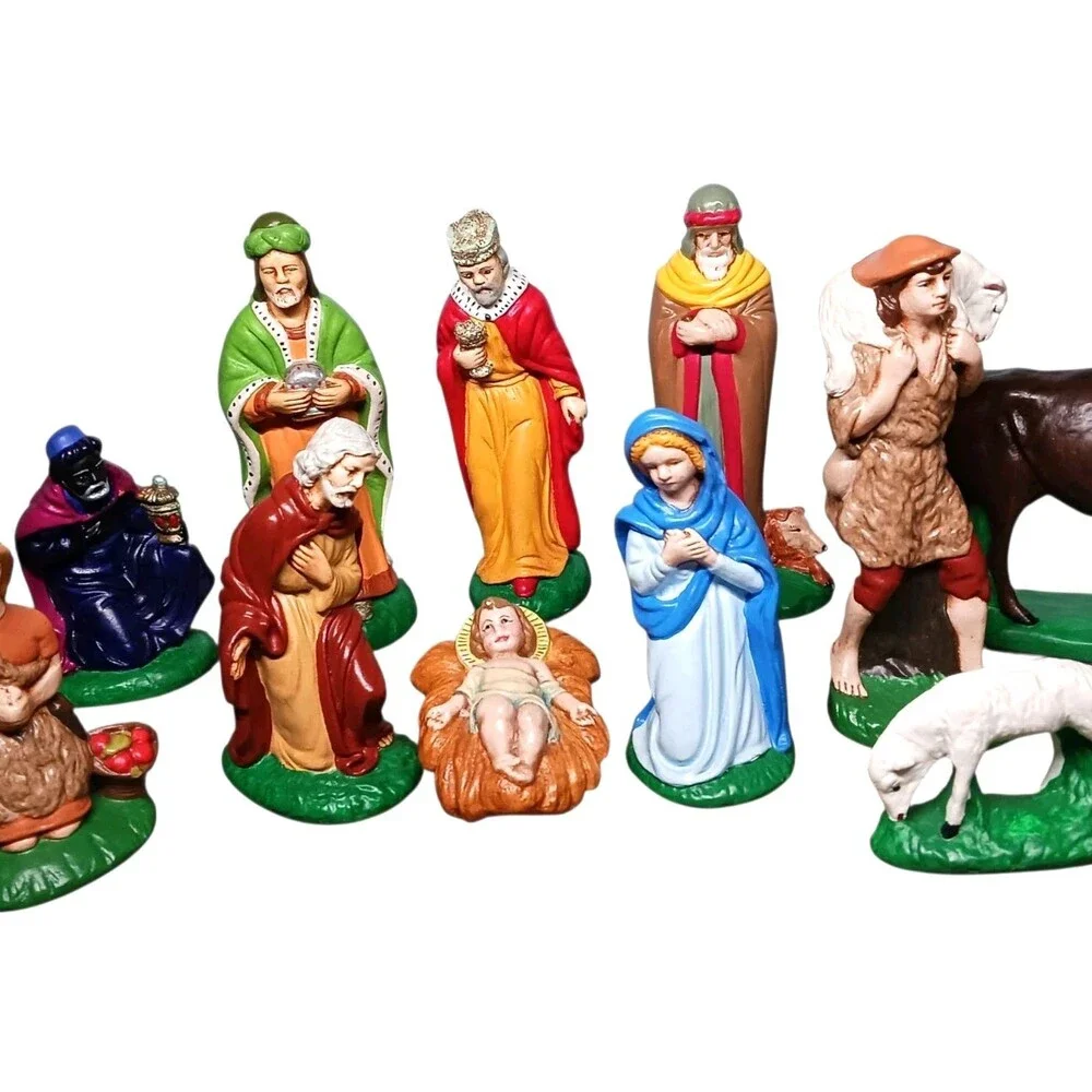Vintage Nativity Set 18 Piece Solid Chalkware Plaster Hand Painted Manger Scene